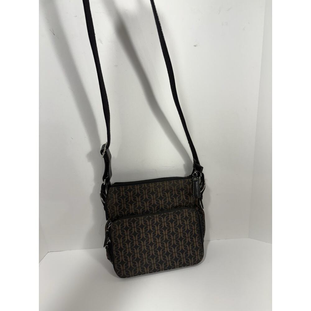 Fossil Black‎ And Brown Monogrammed Canvas Crossbody Purse Bag